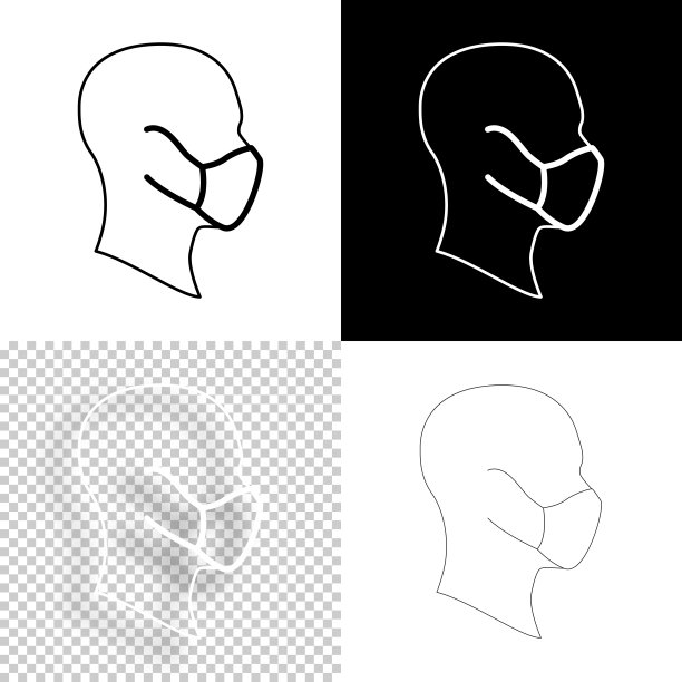 侧脸带医用防护口罩。图标设计。空白，白色和黑色背景-线图标图片下载