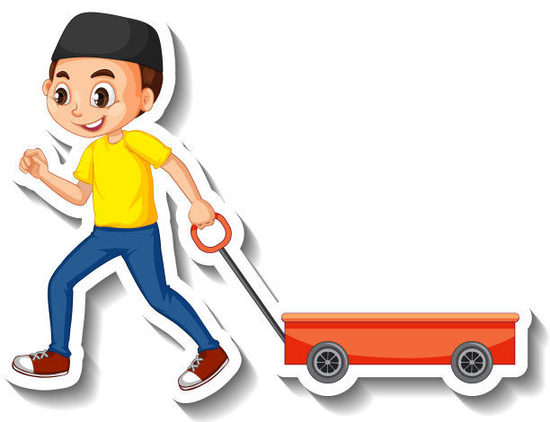 一个拉车的穆斯林男孩卡通人物图片下载