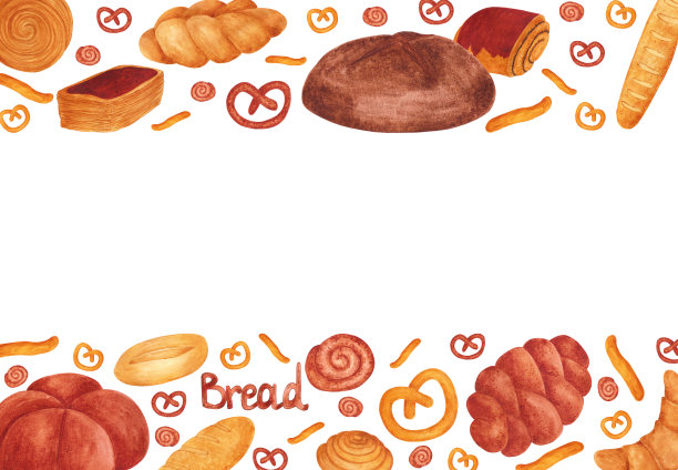 手绘水彩馒头和面包框板。孤立在白色背景上。可用于剪贴簿设计，卡片，标签，横幅和任何印刷产品。图片下载