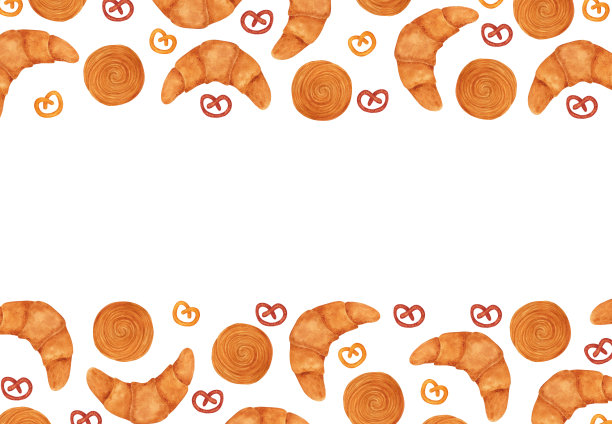 手绘水彩面包和羊角面包边框。孤立在白色背景上。可用于剪贴簿设计，卡片，标签，横幅和任何印刷产品。图片下载