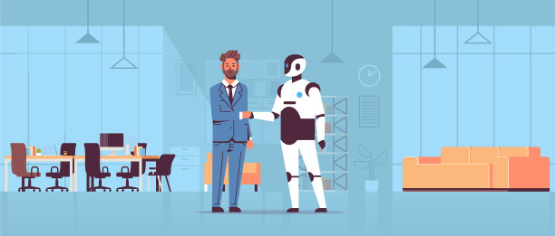 商人和机器人在会议中握手图片下载