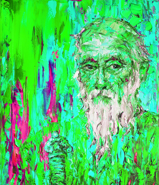 插图艺术油画老年男子肖像与胡子在绿色背景图片下载