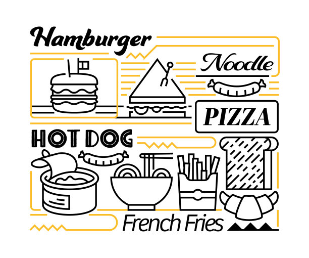 快餐的对象和元素。线条图标插图集合。图标设置或标题模板。图片下载