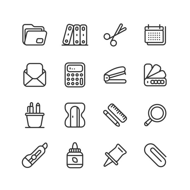 采购产品文具，文件夹，剪刀，日历，信封图标图片下载