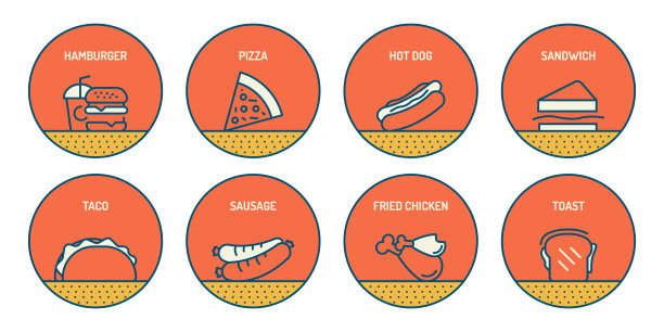 快餐和街头食品相关的线图标。简单的轮廓图标。图片下载