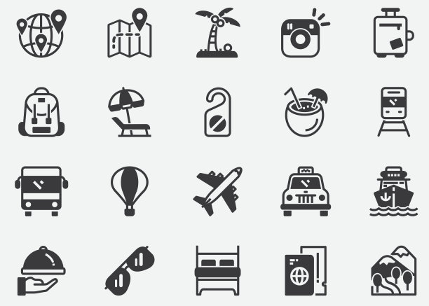 旅行图标。旅游目的地。可编辑的中风。商务旅行。包含如相机，鸡尾酒，护照，日落，飞机，酒店，游轮，ATM，棕榈树，背包，餐厅等图标。像素的图标图片下载