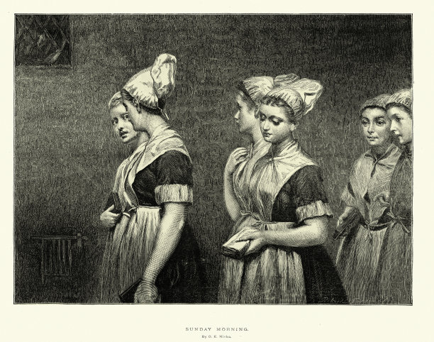 周日早上去教堂的女孩，取材于乔治·埃尔加·希克斯，19世纪70年代的19世纪艺术图片下载