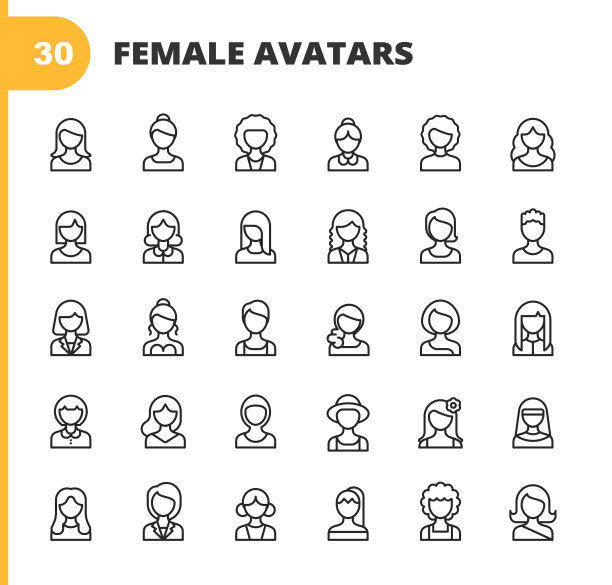 女性头像线图标。可编辑的中风。像素完美。移动和网络。包含诸如头像，个人资料，用户，职业，女人，女性，肖像，女商人，成人，人脸，办公室，女孩，女权主义者等图标。图片下载