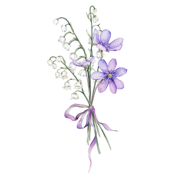 水彩插花与精致的山谷百合和精致的丁香Scilla白色花束。初春花开。报春花，海葵。苔类。明信片设计图片下载