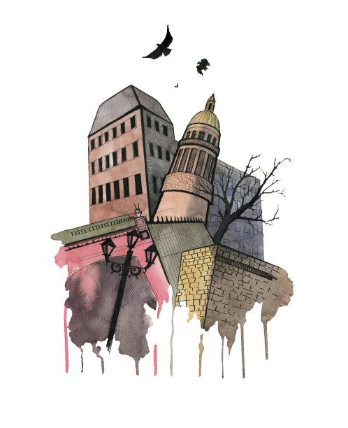 水彩城市插画图片下载