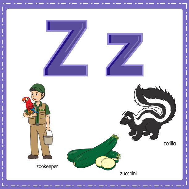 向量插图学习字母Z的小写和大写的儿童与3卡通图像。动物园管理员西葫芦Zorilla。图片下载