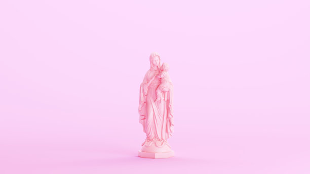 粉红玛丽母亲女婴儿耶稣雕像圣母现代媚俗粉红色背景正面视图图片下载