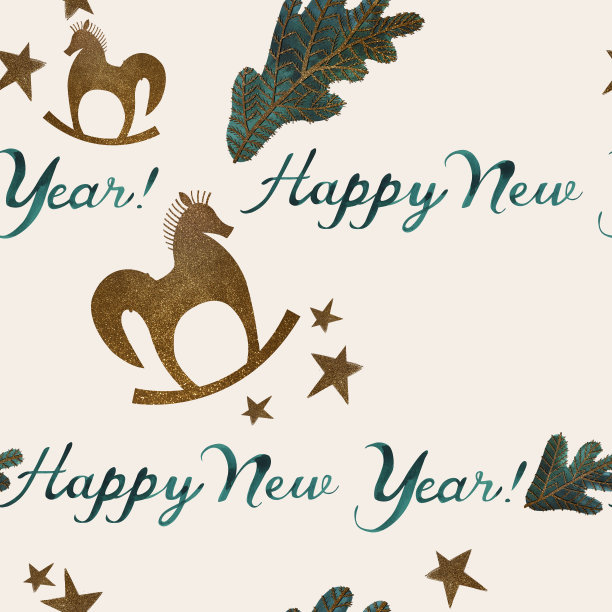 水彩无缝图案与黄金摇马。新年包装纸。孩子们的玩具。圣诞礼物。光栅插图包装，贺卡，礼品，海报在儿童的房间图片下载