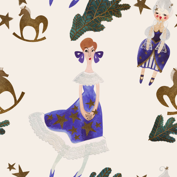 水彩无缝图案与女孩，娃娃和明星。圣诞包装纸。孩子们的玩具。圣诞礼物。栅格插图包装，贺卡，礼品图片下载