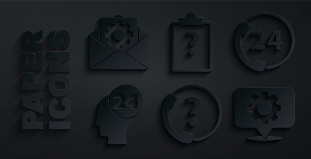 设置电话24小时支持，支持操作员在联系，位置与齿轮，剪贴板问号和信封设置图标。向量图片下载