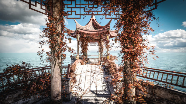 3 d渲染。中国亭子在水中间图片下载