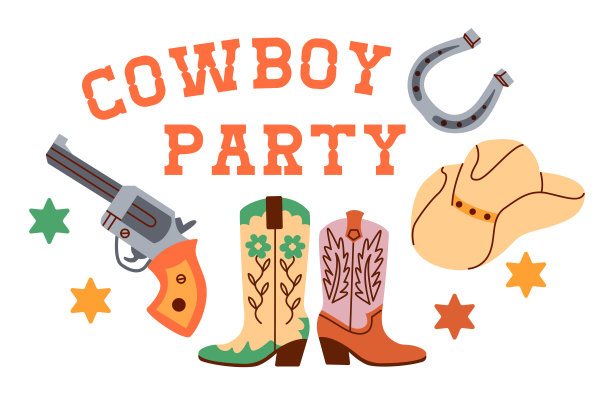 水平横幅模板牛仔派对邀请装饰的靴子，马蹄铁，枪，帽子。图片下载