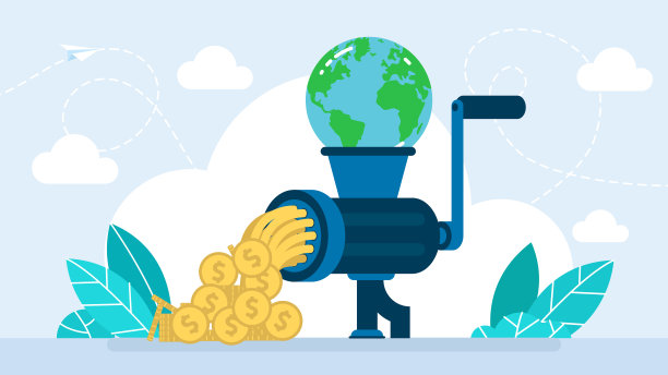 地球变形通过绞肉机。从地球和它的资源中榨取很多钱。保护环境。Eco横幅。平的插图图片下载
