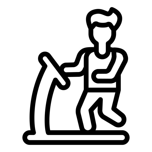 男人在跑步机上跑步线图标，办公室综合症的概念，男人使运动矢量标志在白色背景上，男人在跑步机上概述风格移动概念网页设计。矢量图形。图片下载