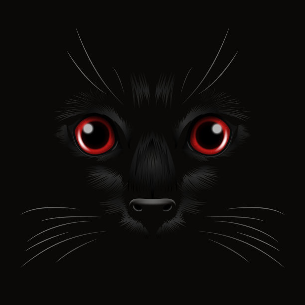 矢量3d逼真的红猫在黑暗中的黑猫的眼睛，在晚上。猫的脸，鼻子，黑色的胡须。猫在黑暗中的特写镜头。前视图图片下载