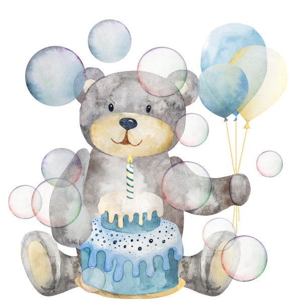 水彩插图，在一个白色的背景。可爱的卡通泰迪熊有一个气球和一个蛋糕，还有肥皂泡图片下载