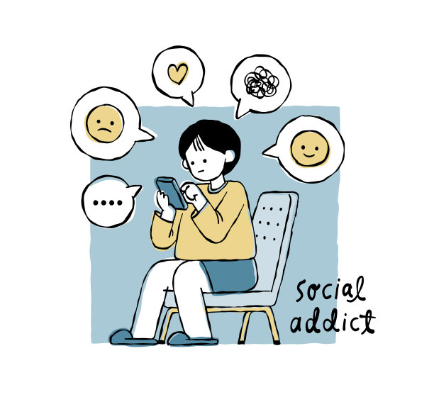 矢量线画的年轻女子沉迷于智能手机，社交媒体，社交成瘾图片下载
