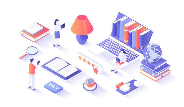 在线图书馆。电子图书、电子图书馆移动应用、虚拟云存储、档案。里面有书的笔记本电脑，在平板电脑上打开书。等距插图与人物场景的网页图形。图片下载