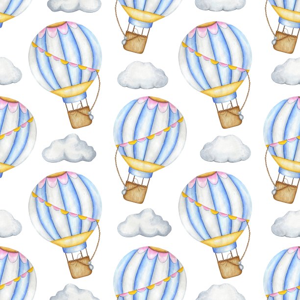 蓝色气球和云的无缝图案。手绘水彩插图。图片下载