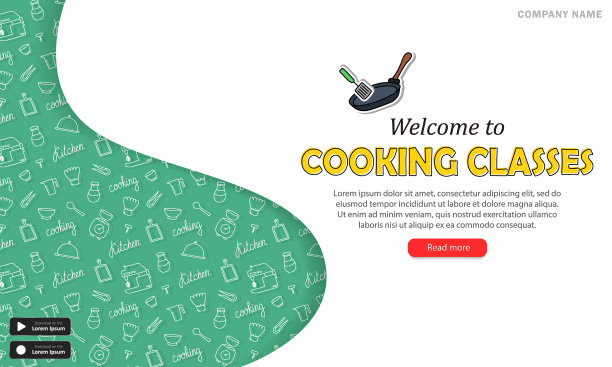 绿色手绘厨房图案的横幅和烹饪班的邀请图片下载