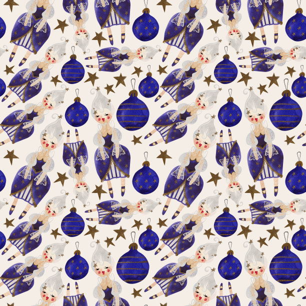 水彩无缝图案与娃娃和星星。圣诞包装纸。孩子们的玩具。圣诞礼物。光栅插图包装，贺卡，礼品，海报在儿童的房间图片下载