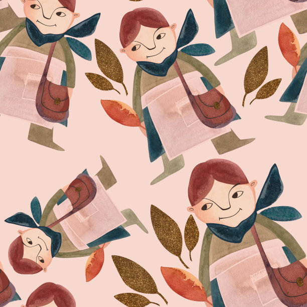 水彩无缝图案与秋天侏儒。时令包装纸。下降。用于包装、墙纸、包装纸、纺织品的栅格插图。米色背景图片下载