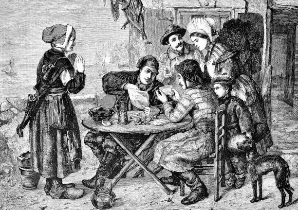 渔人在港外一所房子，坐在桌旁，打开一张彩票，旁观者热切地注视着图片下载