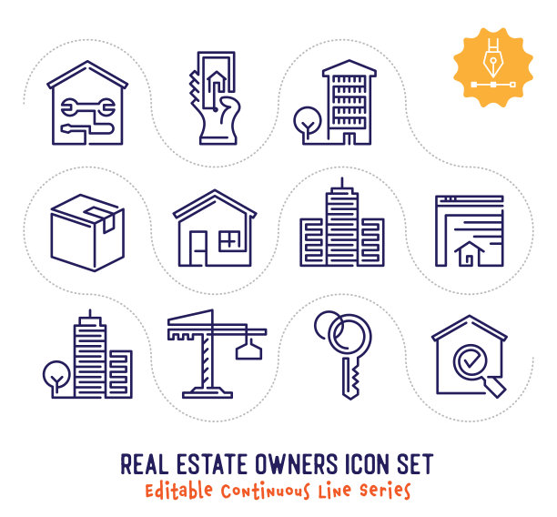 房地产业主可编辑的连续线图标包图片下载