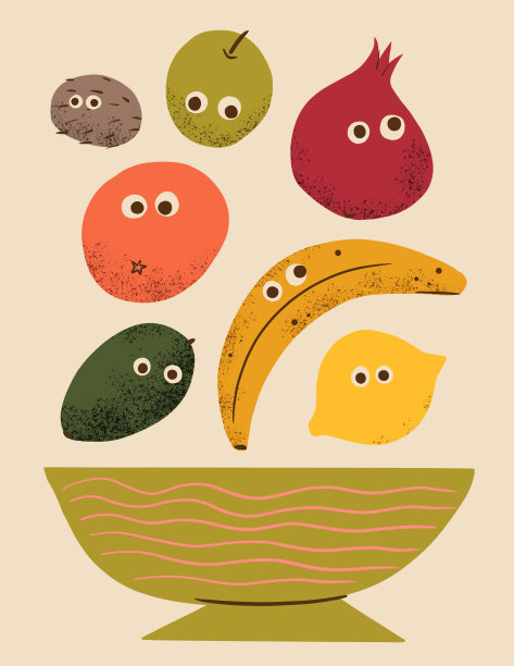 有趣的纹理水果与眼睛和碗的插图图片下载