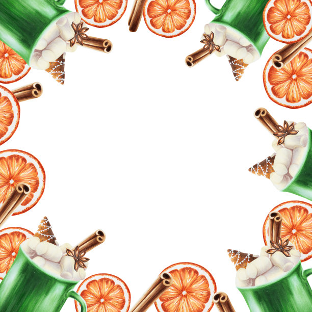 水彩框架与圣诞杯热饮与棉花糖，肉桂棒和橘子。新年手绘绿色马克杯孤立在白色的背景上。用于设计师、食品装饰、菜单、店铺，用于明信片、包装纸、封面。海报a图片下载