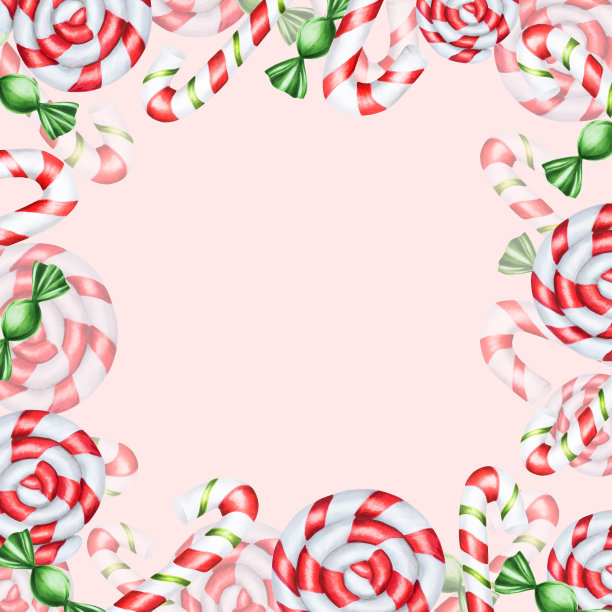 水彩框架与圣诞糖果手杖插图。新年手绘棒棒糖剪贴画孤立在白色背景。用于设计师、食品装饰、菜单、店铺，用于明信片、包装纸、封面。海报及纺织品图片下载