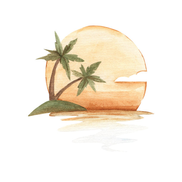 水彩画的日落与棕榈树在一个白色的背景。非洲景观。动物,自然。剪贴画设计的婴儿海报，贴纸，织物，托儿所室装饰，包装纸，邀请卡图片下载