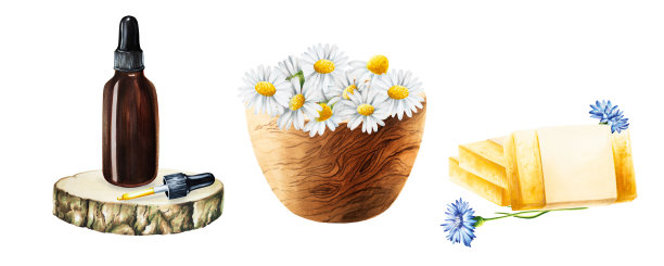 水彩瓶的血清与移液管木制锯切，木制砂浆与洋甘菊和肥皂隔离在白色背景。美容产品及植物元素、美容及医药。适用于设计师、spa装饰、明信片、包装纸、scra图片下载