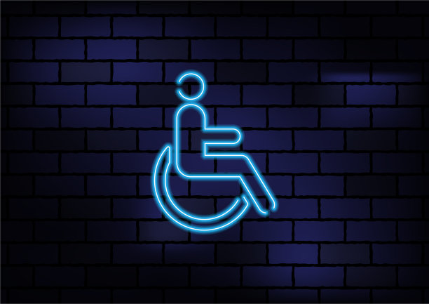 黑色砖墙上的蓝色霓虹灯残疾人标志图片下载