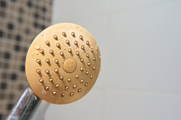 船舱内的支架上挂着一个又脏又腐蚀的水垢、钙化的旧淋浴头图片下载