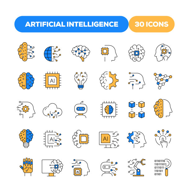 一组人工智能相关的平行线图标。大纲符号集合图片下载