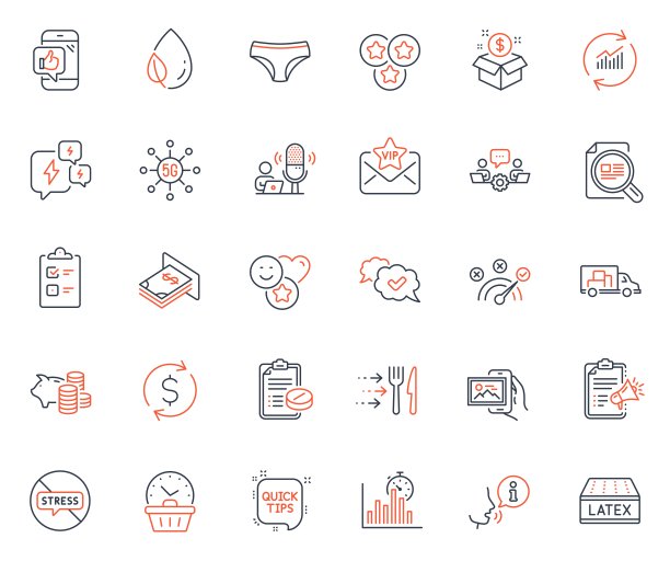 业务图标集。包括作为批准的图标，乳胶床垫和内裤网元素。对于网站应用程序。矢量图片下载