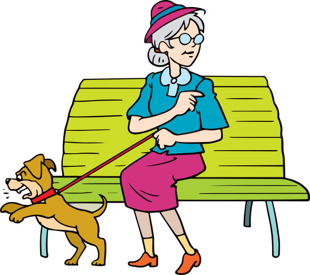 老妇人和狗坐在长椅上。图片下载