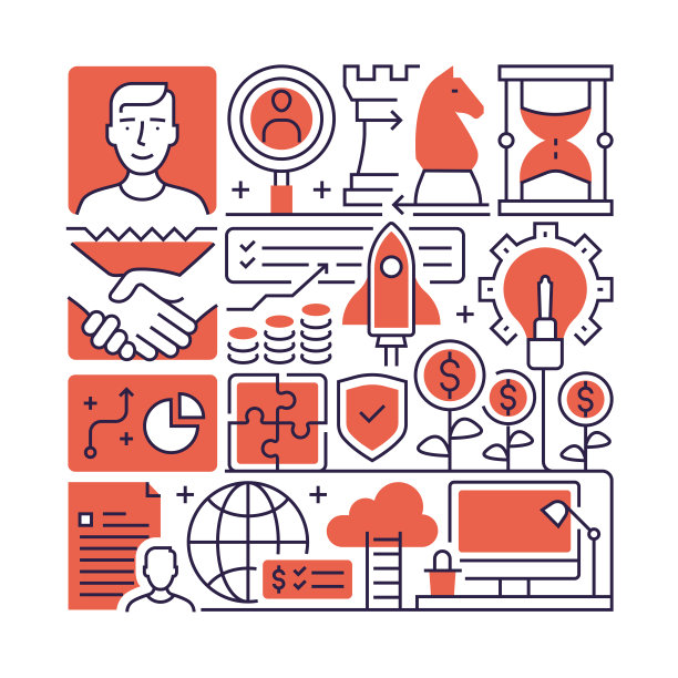 业务管理对象和元素。线条图标插图集合。图标设置或标题模板。图片下载