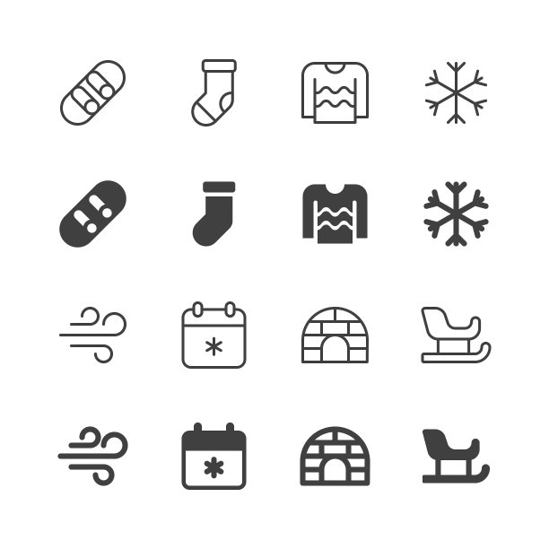 冬季线和固体图标。可编辑的笔划，包含这样的图标，衣服，寒冷的温度，滑雪板，12月，冰屋，季节，雪橇，雪，雪花，袜子，运动，毛衣，风，冬天。图片下载