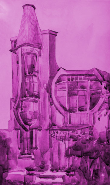 插画建筑艺术作品的水彩在粉红色印象主义景观建筑与不对称的新艺术窗户对着明亮的天空图片下载