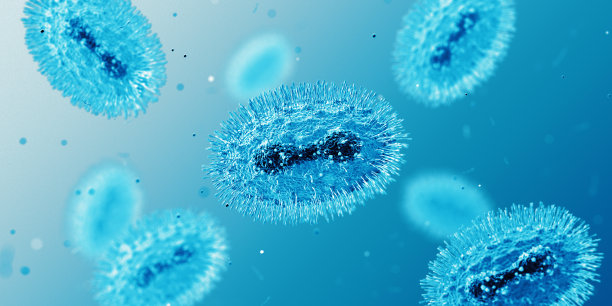 猴痘细胞。蓝色背景。图片下载