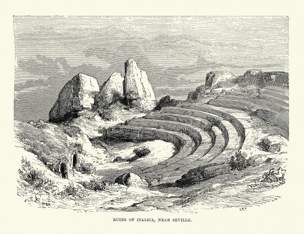 意大利的古罗马遗址，塞维利亚附近，西班牙19世纪，古斯塔夫·多雷的复古插画图片下载