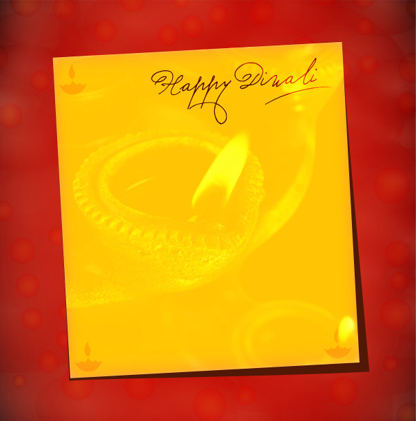 垃圾向量背景迪瓦里贺卡与黄色中心覆盖的diyas或deepaks水印照片和短信快乐排灯节和明亮的红色栗色边界图片下载