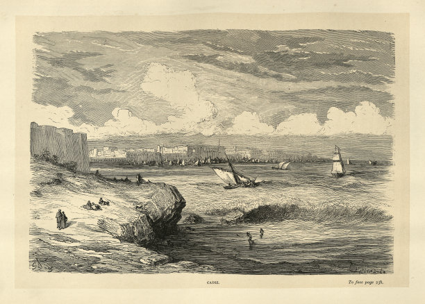 西班牙加的斯的复古插图，由古斯塔夫·多雷绘制，西班牙历史19世纪图片下载